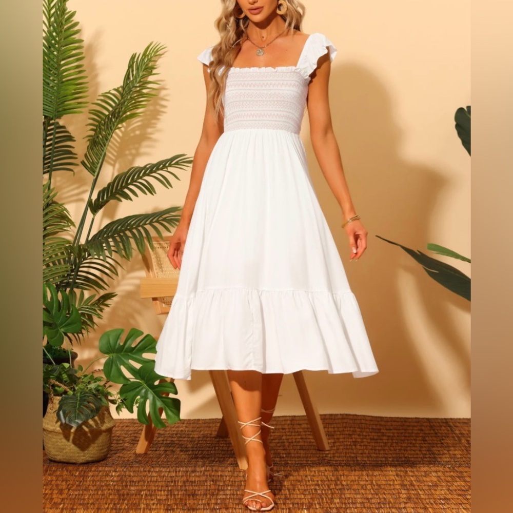 Boho Square Neck Ruffle Tiered Flowy Smocked Midi Dress Sundress